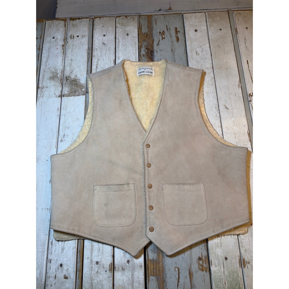 Vintage Genuine Suede Leather Shearling Lined Vest Western Ranch Style Unbranded